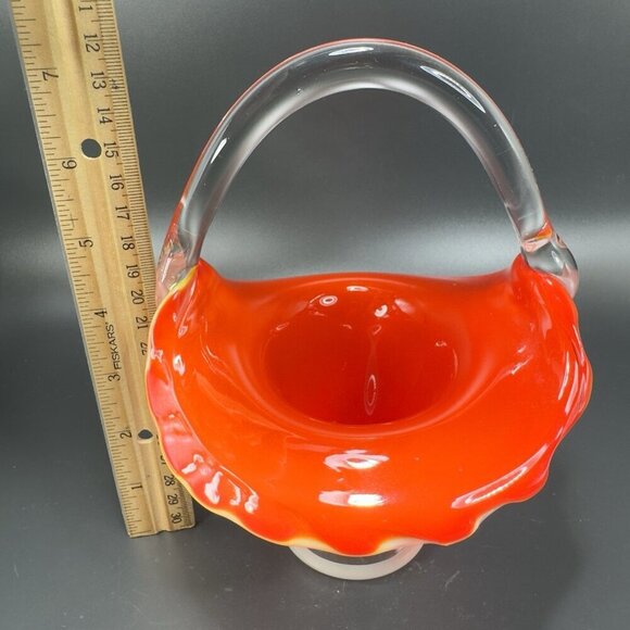 Vintage 1980s Venetian Art Glass Basket Bowl With Handle Red White Art Glass VTG - Picture 3 of 14